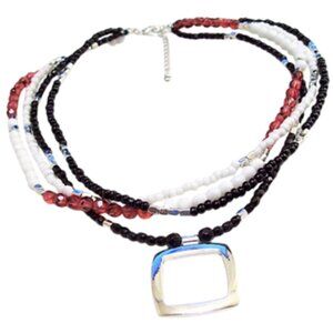 Red White Black Necklace Silver Tone Vintage Choker Bead Four Strand
